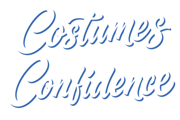 Blue script text reading “Costumes Confidence” on a white background