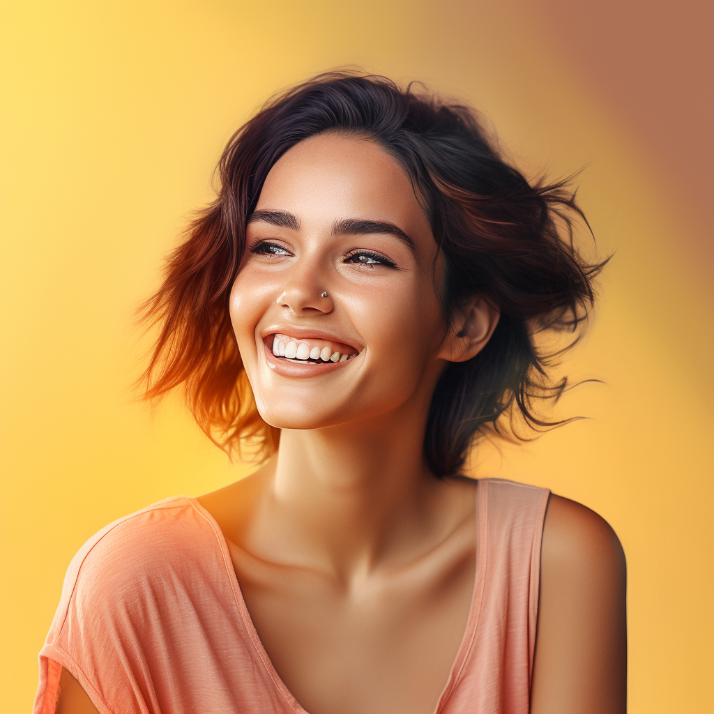 Woman looking at her new smile in the mirror