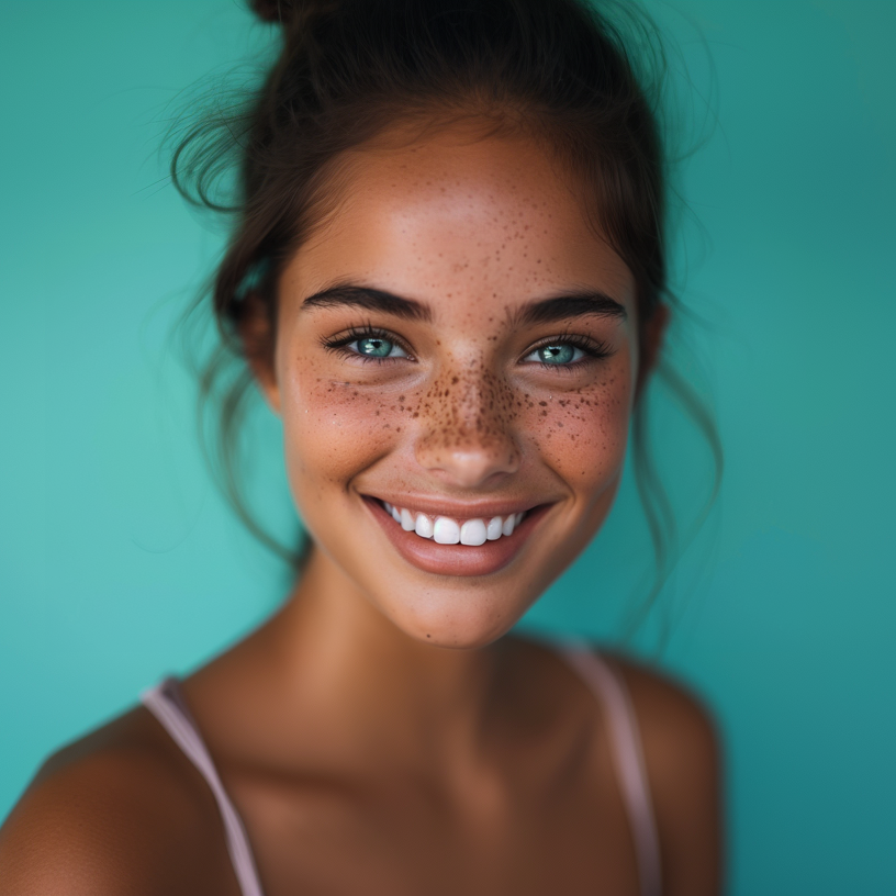 Woman looking at her new smile in the mirror