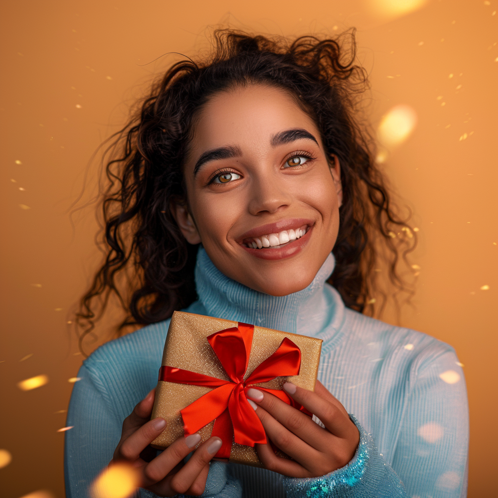 Woman looking at her new smile in the mirror