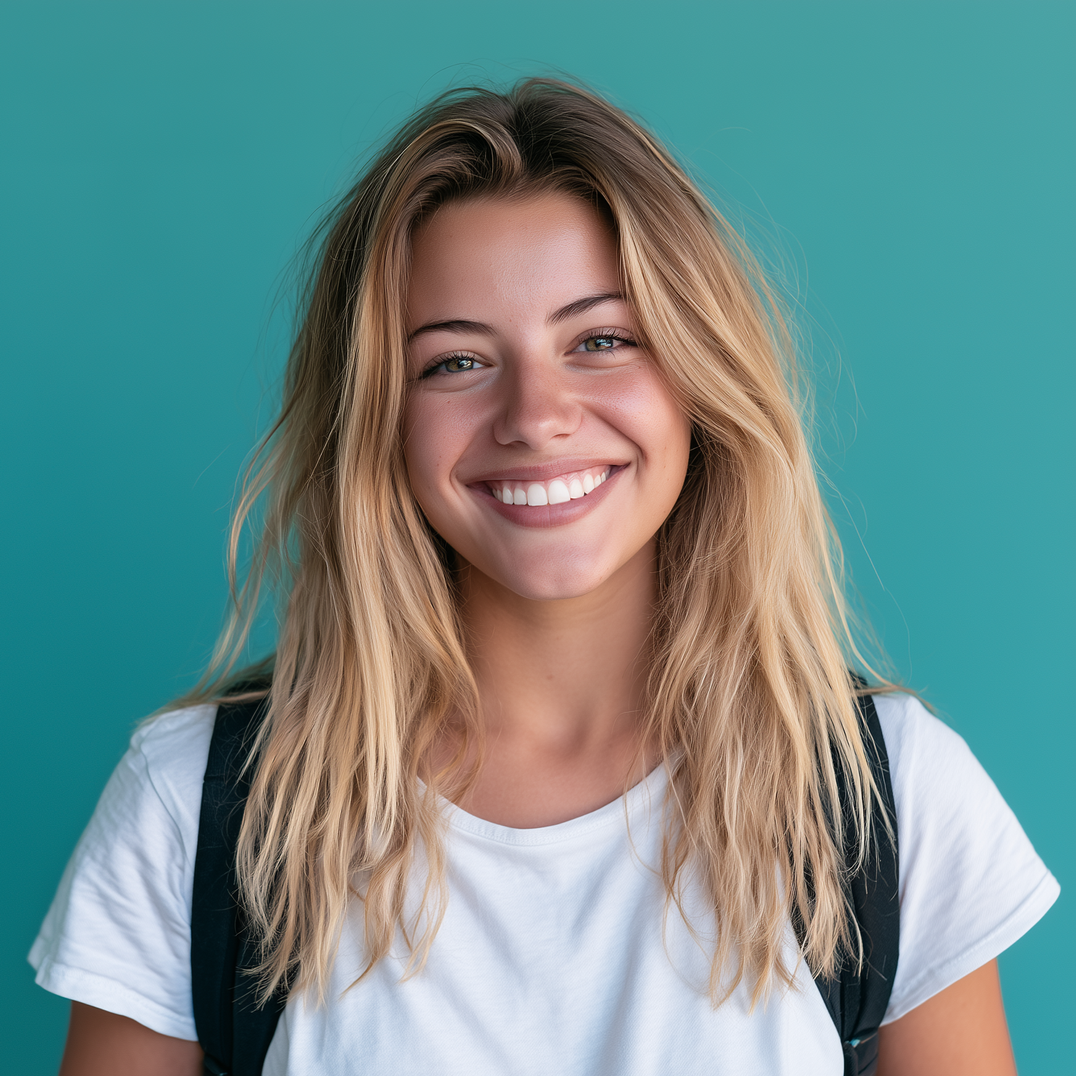 Smiling person with blonde hair in a white shirt and black backpack against a teal background