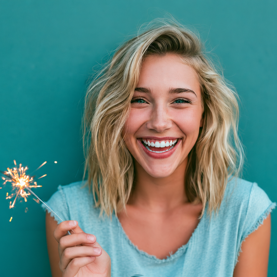Smiling person holding a lit sparkler against a teal background