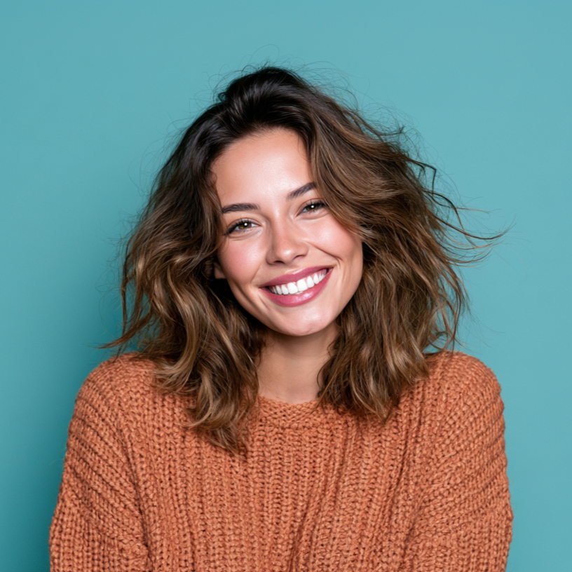 Smiling person with wavy brown hair wearing an orange sweater against a teal background