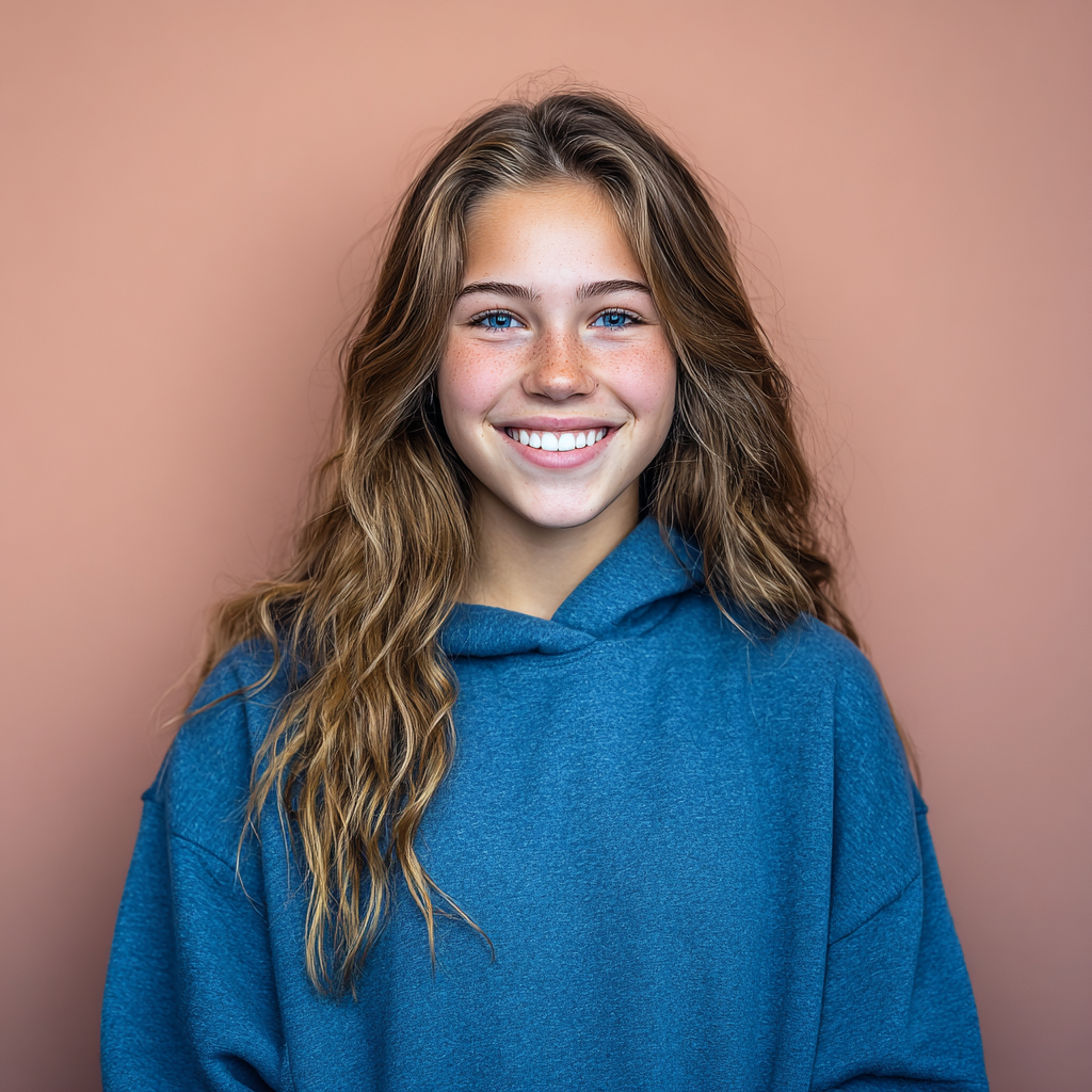 Smiling person with wavy brown hair, wearing a blue hoodie, in front of a peach background.