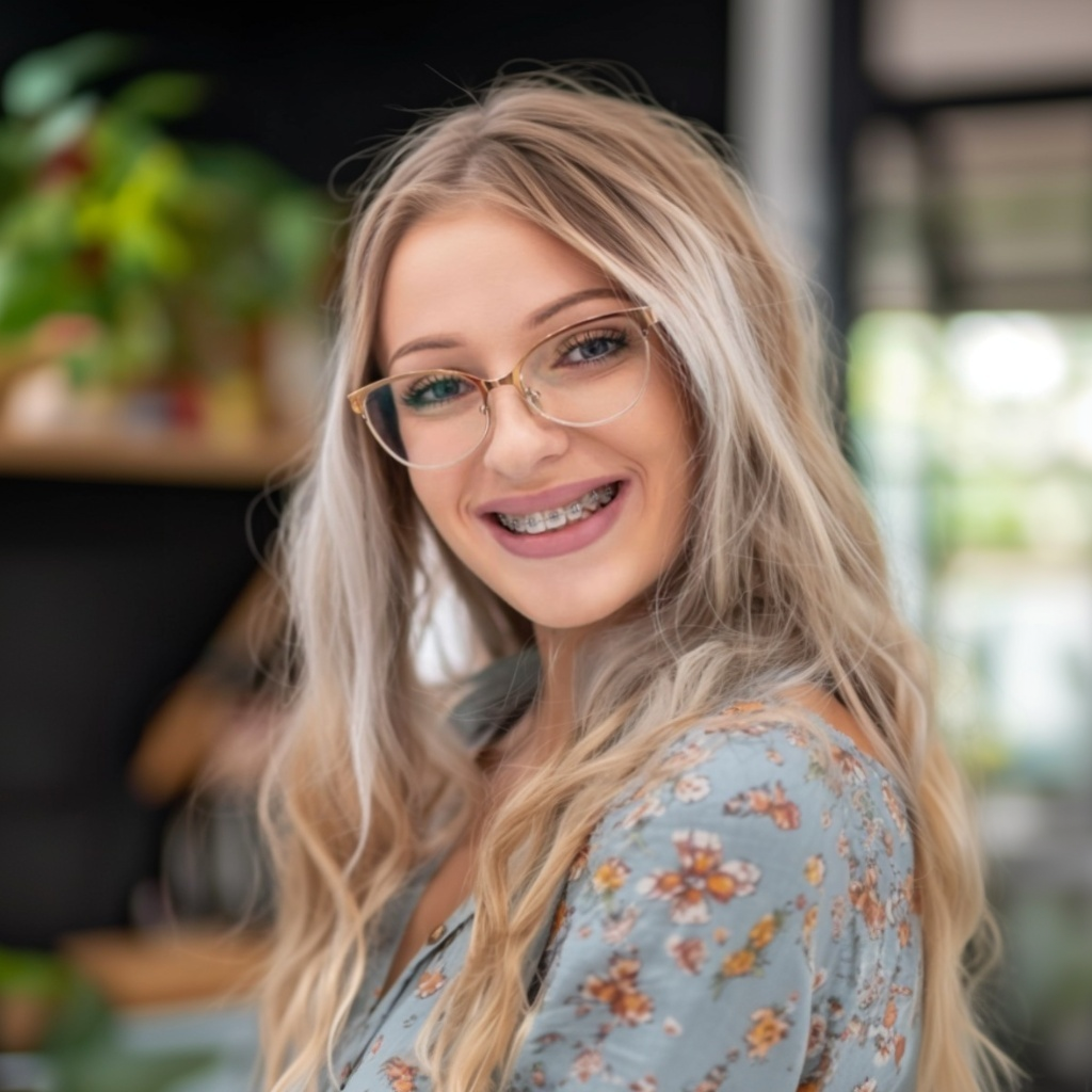 Woman looking at her new smile in the mirror