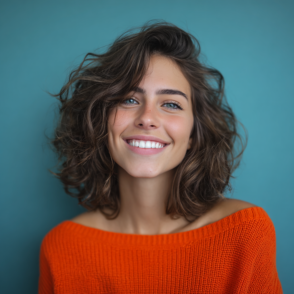 Woman smiling with shoulder-length wavy brown hair, wearing an orange sweater, against a teal background.