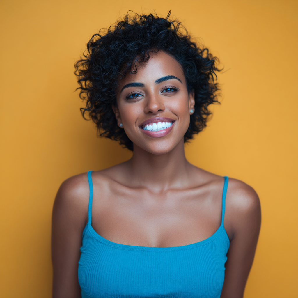 Woman with curly dark hair smiling, wearing a blue tank top, against a yellow background.