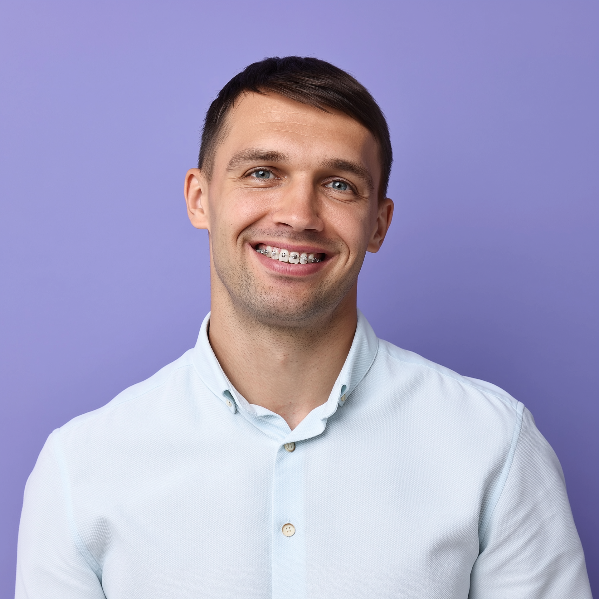 Smiling man in a light blue shirt against a purple background