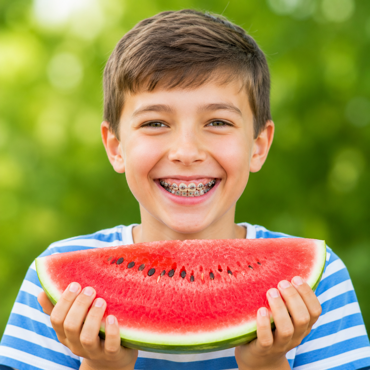 Smiling boy in a blue striped shirt holding a slice of watermelon outdoors