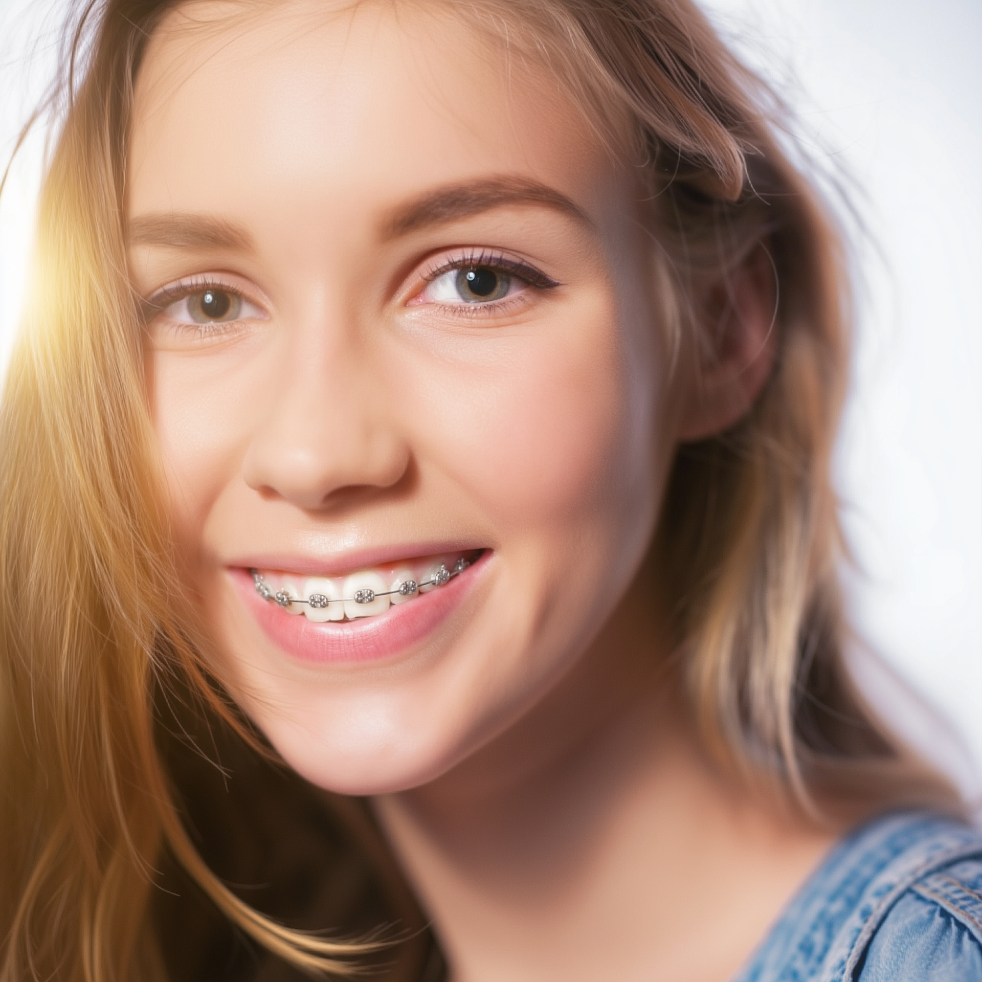 A smiling person with visible metal braces on their teeth, framed by soft lighting and hair.