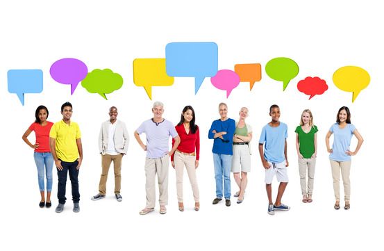 A group of people standing next to each other with speech bubbles above them