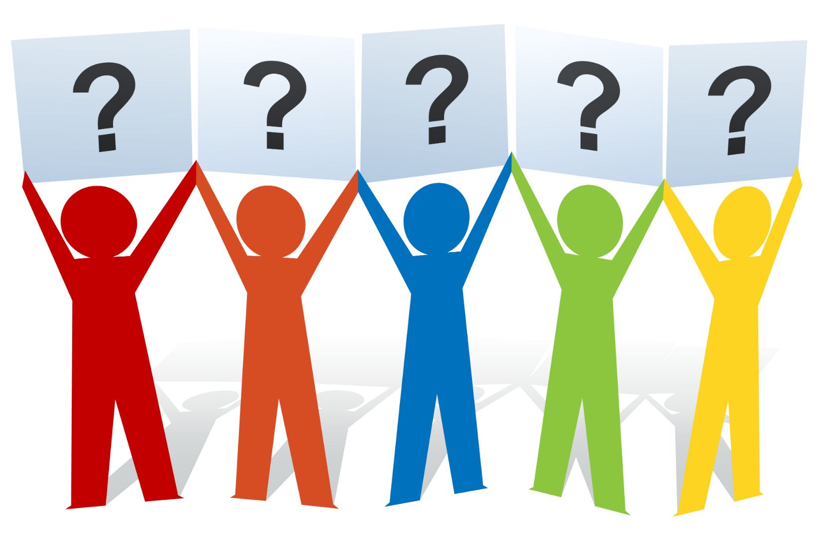 A group of people holding up signs with question marks on them