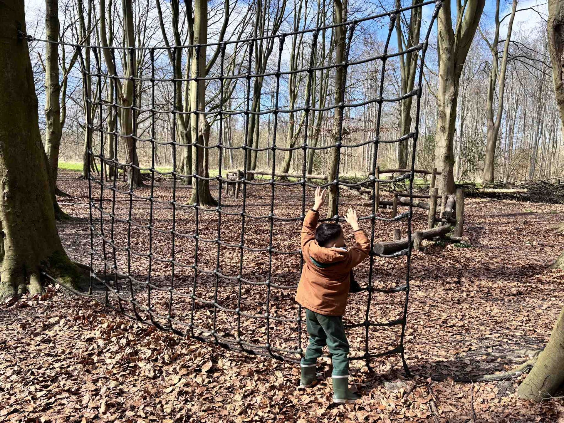 Een kind klimt in een zwart touwklimnet in een bos met bruine bladeren en kale bomen.