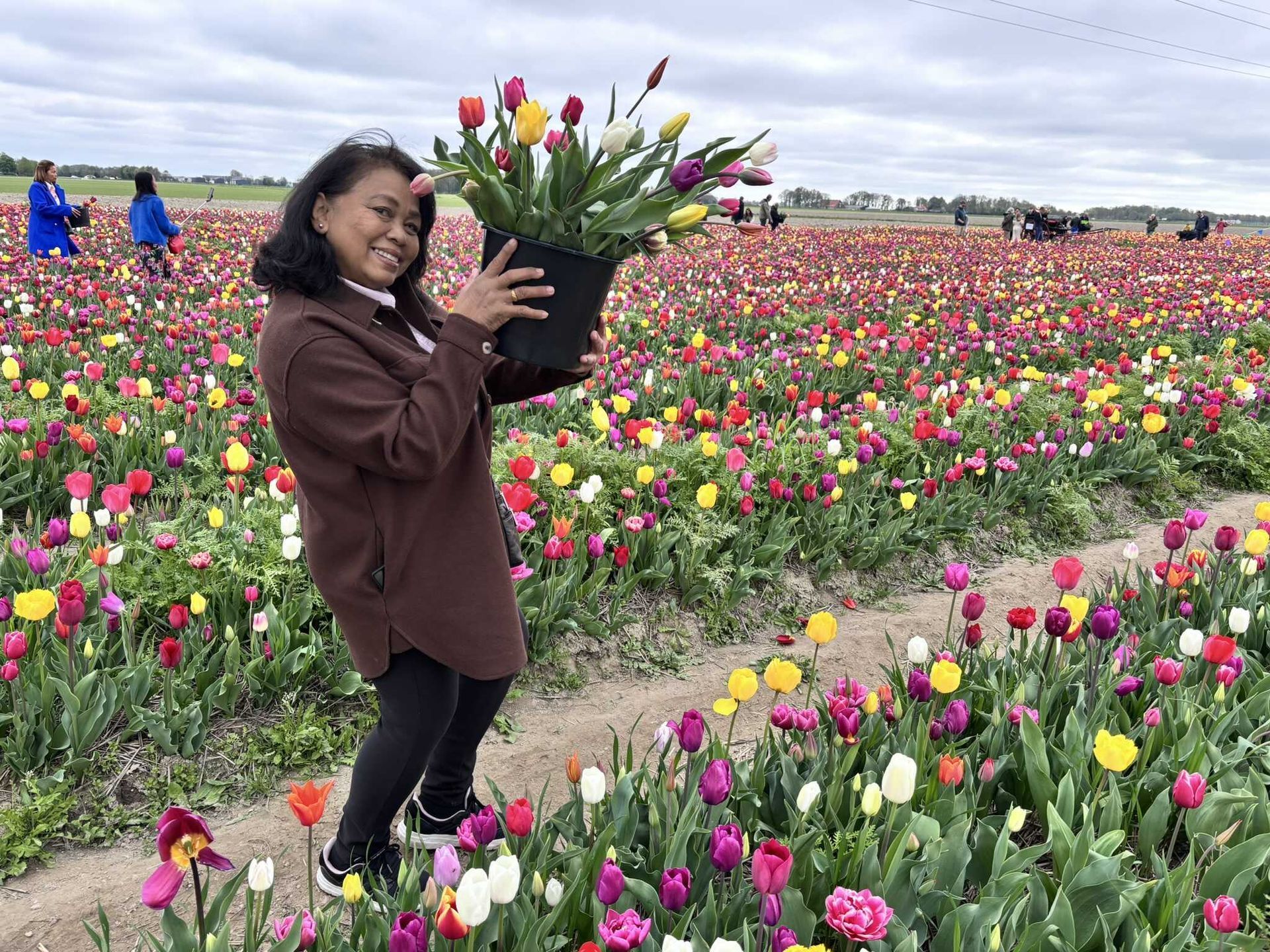 Vrouw in een veld vol kleurrijke tulpen, met een groot boeket in haar handen.