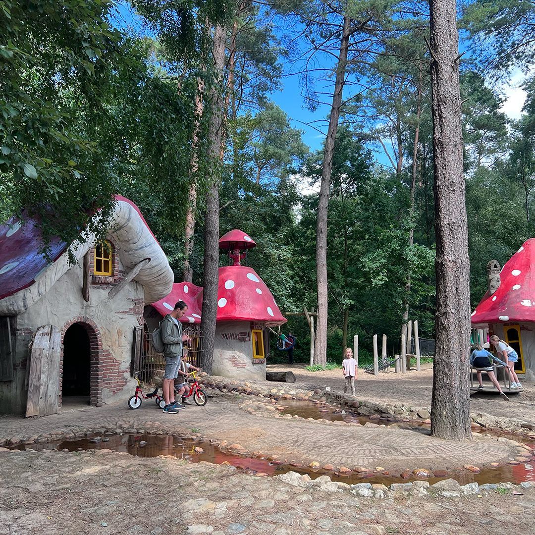 Speelse huisjes met paddenstoeldaken in een bosrijke speeltuin, waar kinderen en volwassenen de omgeving verkennen.