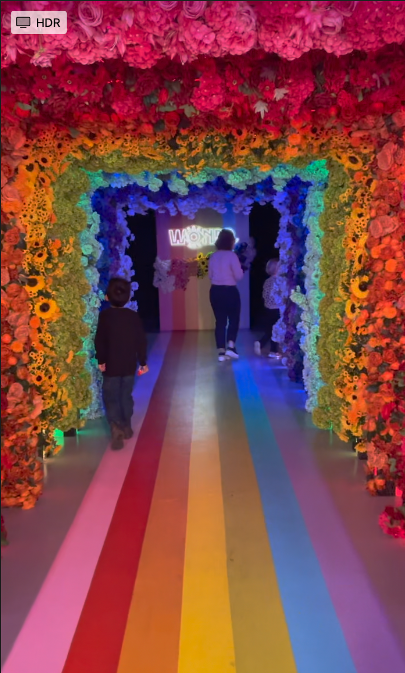 Tunnel met regenboogbloemen en een kleurrijke vloer, waar mensen doorheen lopen.