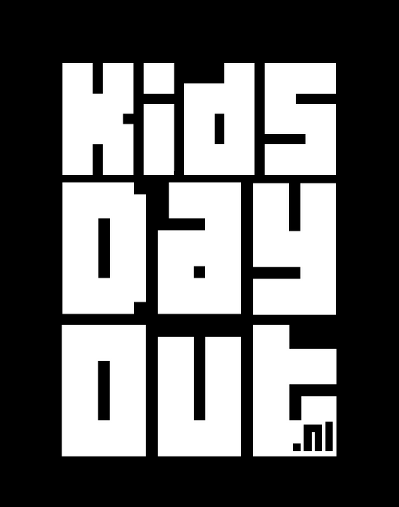 Witte tekst "Kids Day Out" in een rastervorm op een zwarte achtergrond; website ".nl" onderaan.