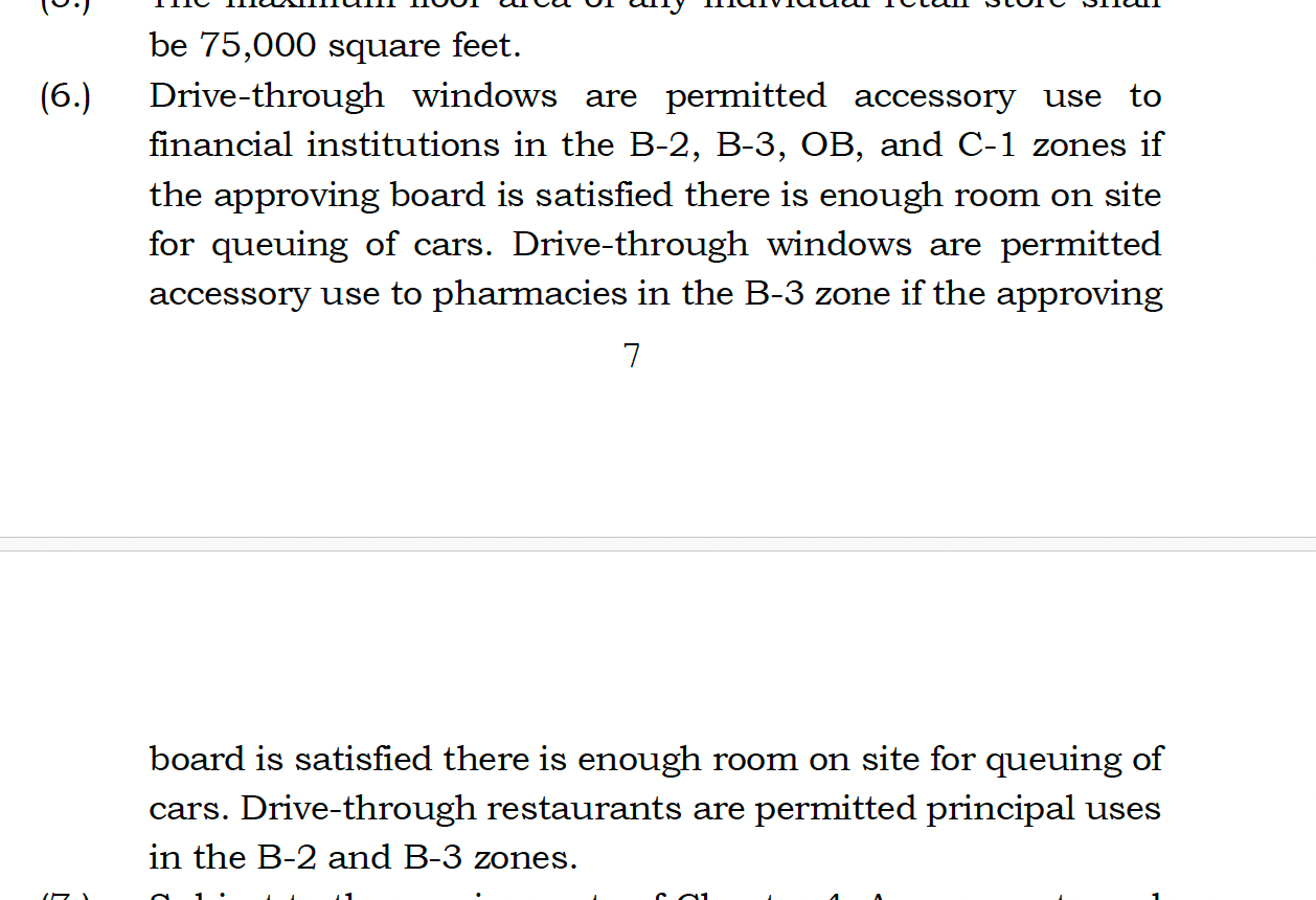 Text from a document regarding drive-through windows in zoning regulations.