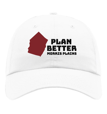White hat with red map and black text: