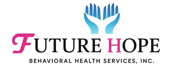 Logo for Future Hope Behavioral Health Services, Inc. with blue hands reaching up and text in pink and black.