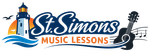 St. Simons Music Lessons logo with lighthouse, guitar, and musical notes in blue and gold
