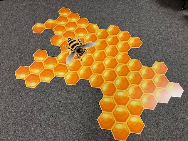 Bee hovering over a honeycomb structure; yellow and orange cells, on a gray surface.