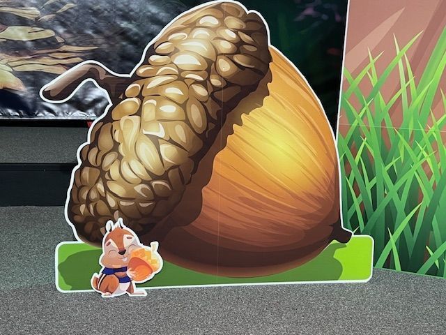 Cutout of a large acorn with a small chipmunk holding a smaller acorn.