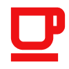 A red icon of a cup of coffee on a white background.
