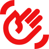 A red hand with two arrows around it on a white background.
