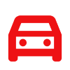 A red and white icon of a car on a white background.