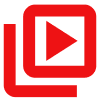 A red square with a play button inside of it.