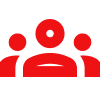 A group of red people sitting next to each other on a white background.