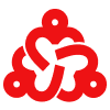 A red and white logo on a white background.