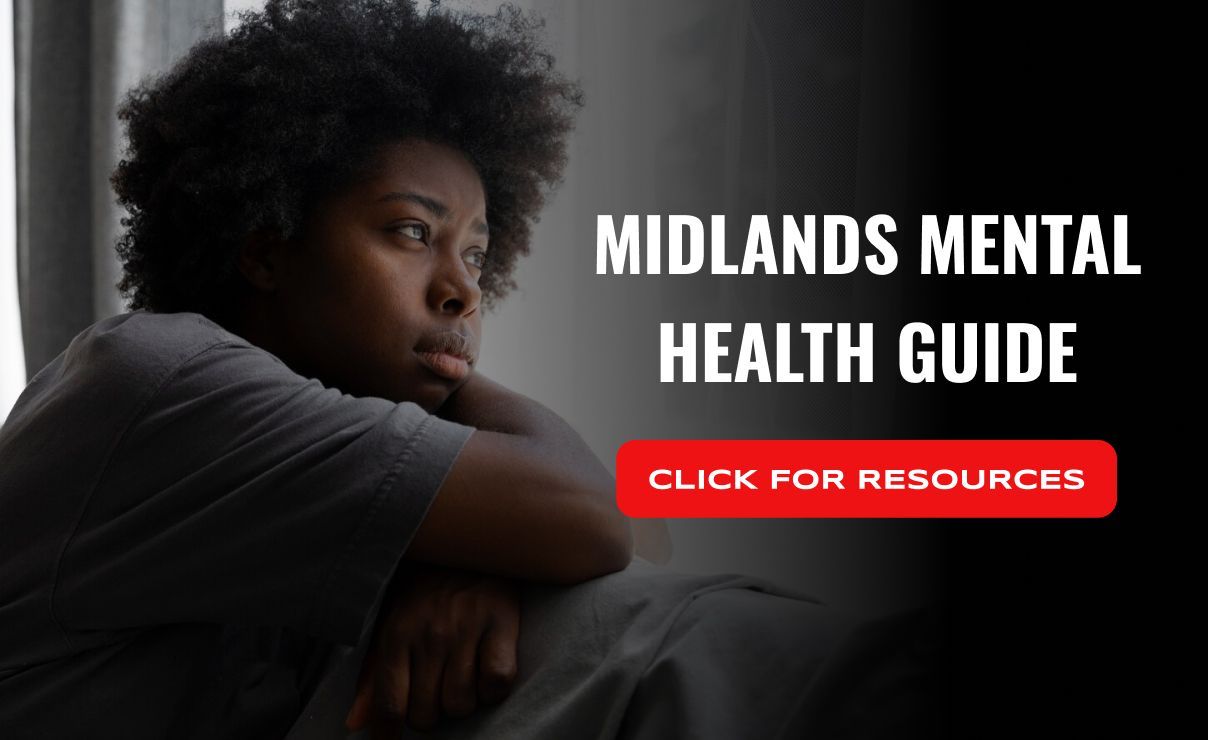 a woman sitting in front of a window with the words midlands mental health guide below her
