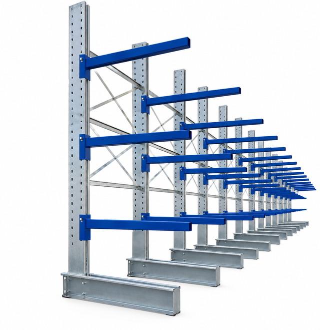 Scaffale a parete nero e rosso con montanti verticali multipli e bracci orizzontali per riporre oggetti.