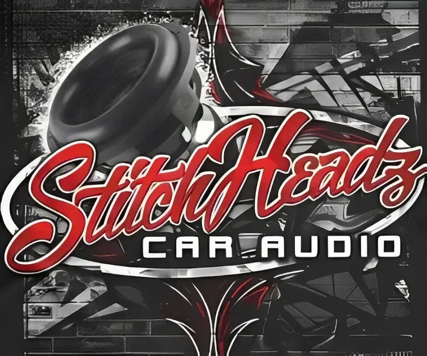 A logo for stitch heads car audio with a subwoofer