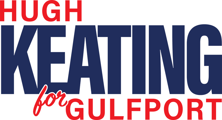 The logo for hugh keating for gulfport is blue and red.