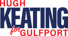 The logo for hugh keating for gulfport is blue and red.