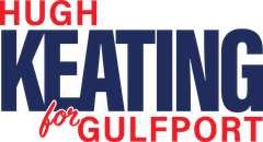 The logo for hugh keating for gulfport is blue and red.