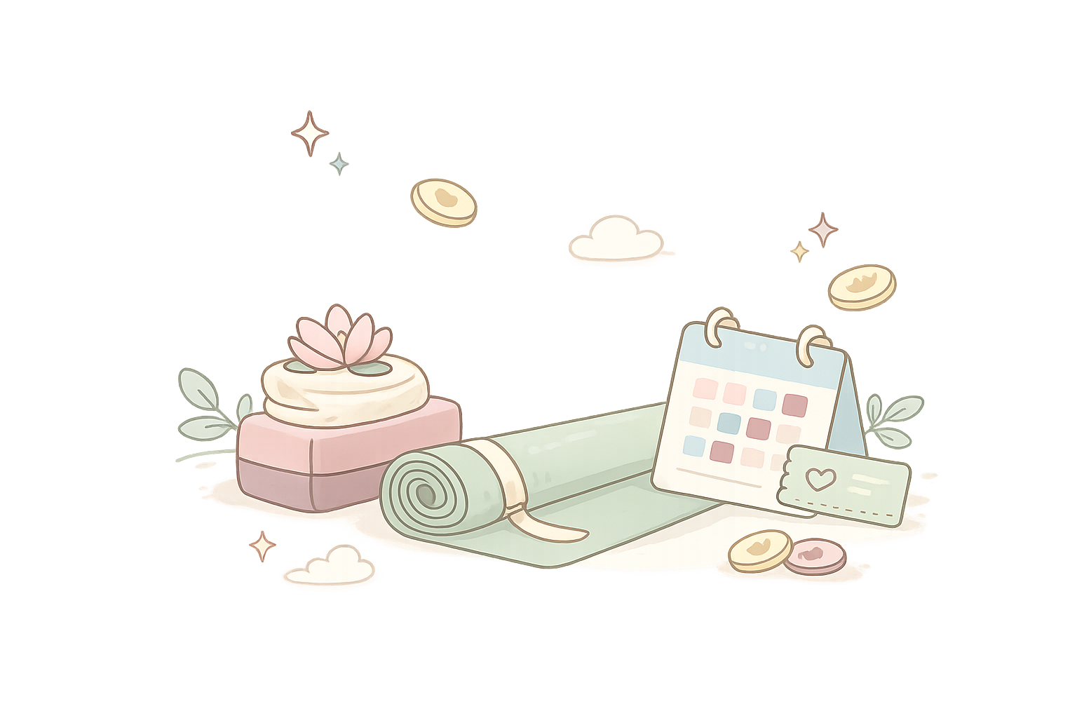 Spa-themed illustration with pink towels, green mat, flowers, candles, and a calendar on a soft pastel background