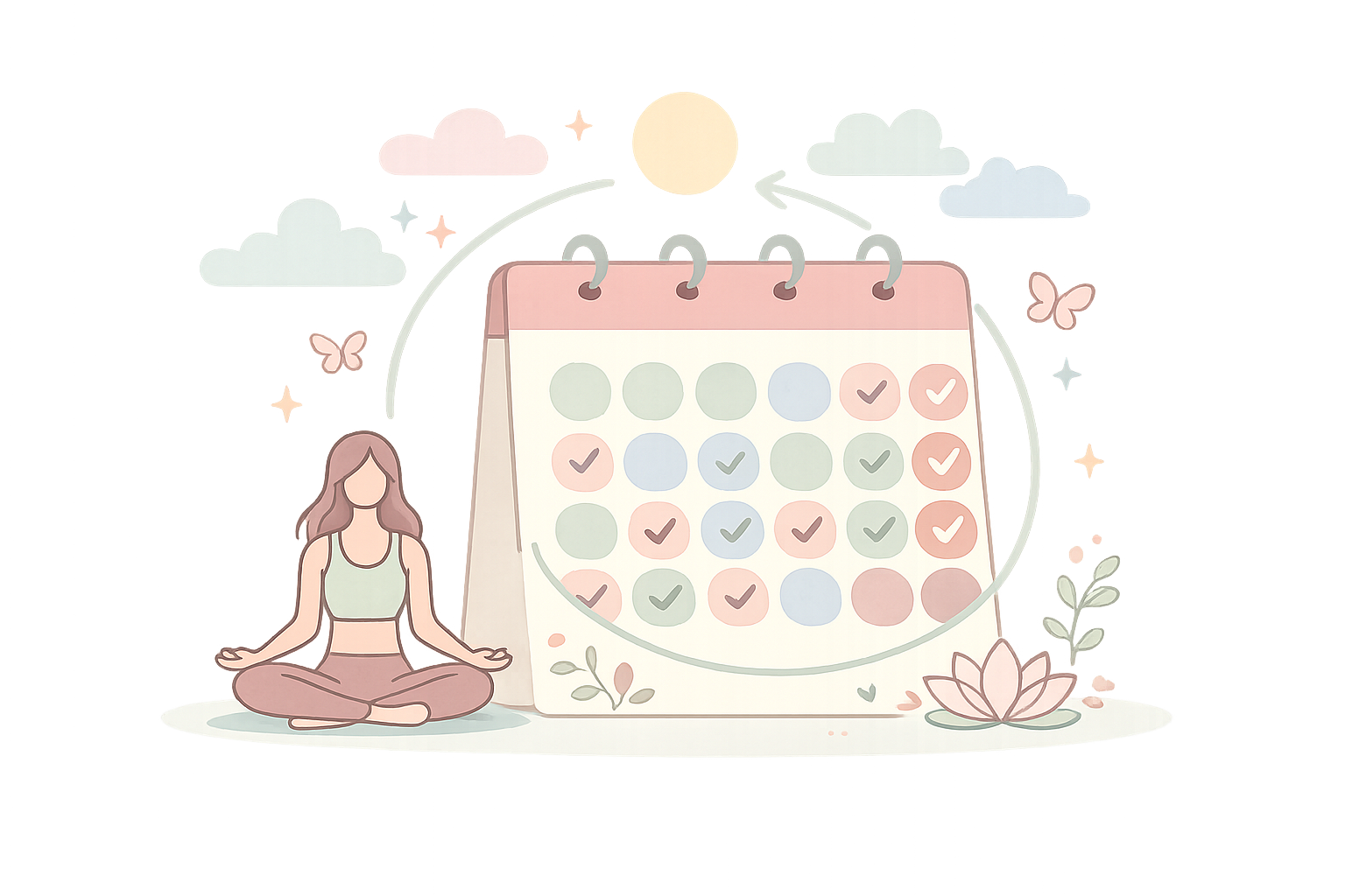 Woman meditating beside a pastel calendar with marked checkmarks and flowers, under a soft sky