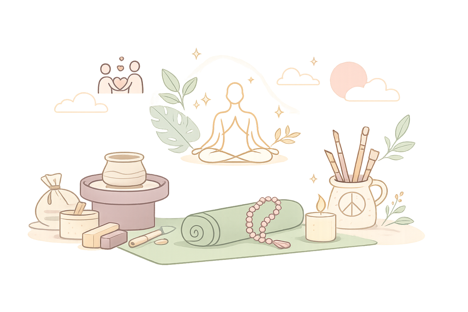 Meditation and wellness scene with yoga figure, plants, candles, incense, and spa items in soft pastel tones