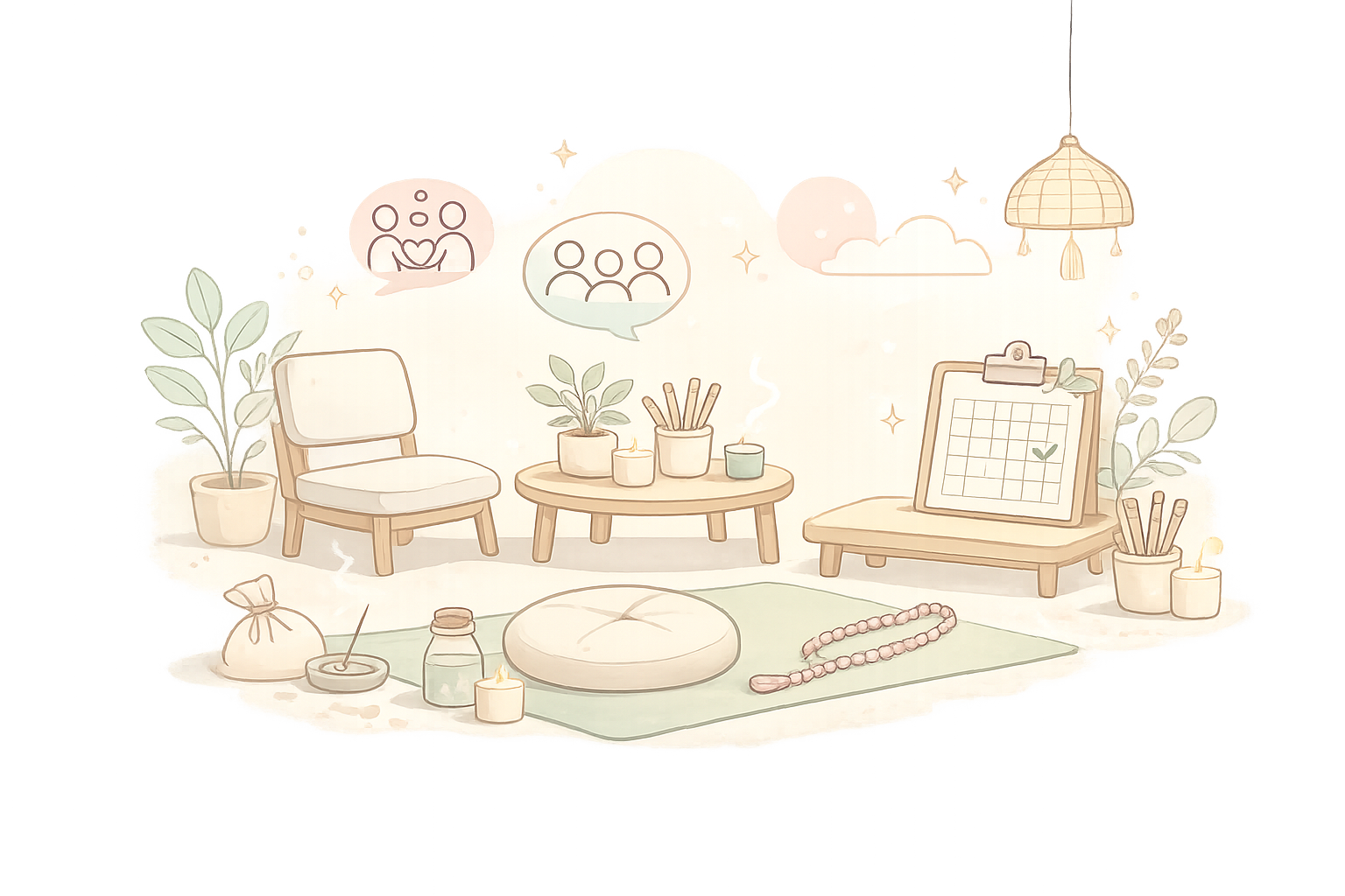 Cozy pastel living room with chairs, table, plants, mirror, rug, and hanging lamp in soft beige tones