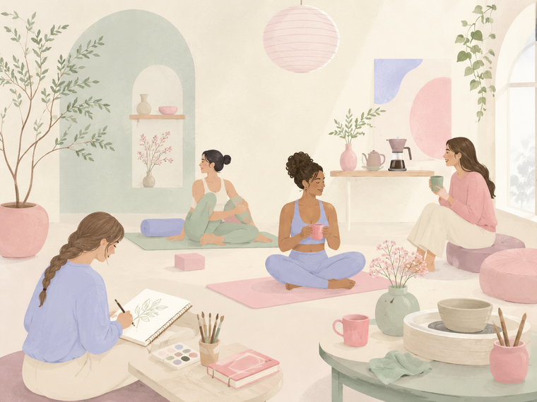 Pastel yoga studio with four women meditating, sketching, and chatting among plants and cushions