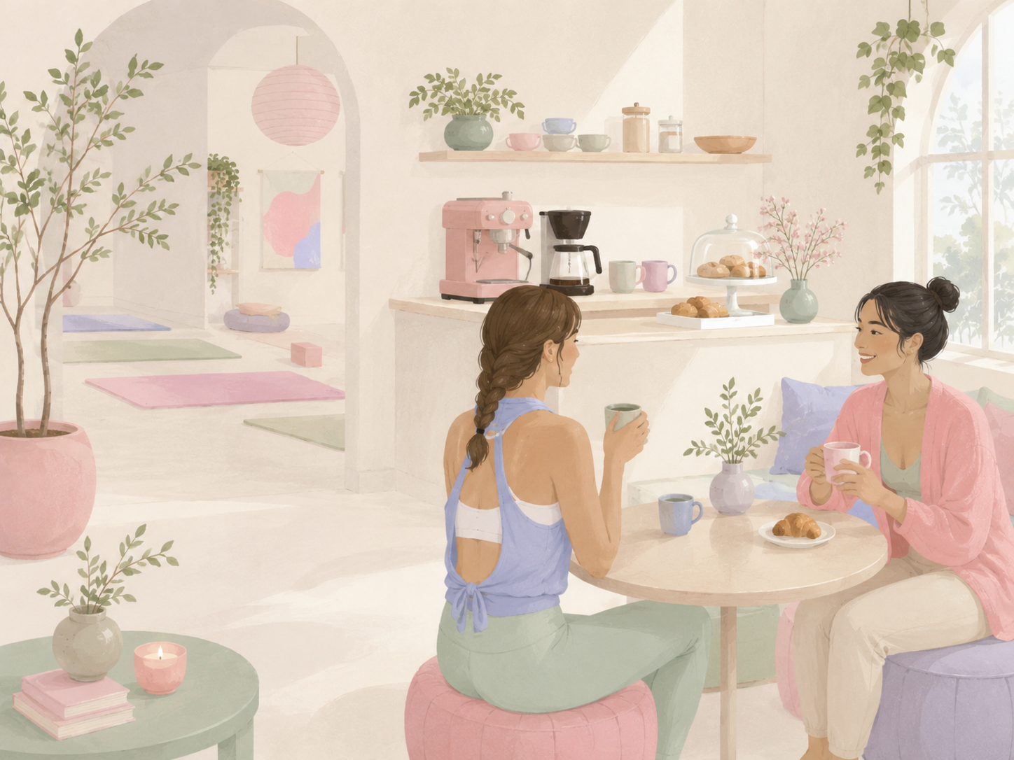 Two people chatting at a small table in a pastel café, with pastries and shelves in the background