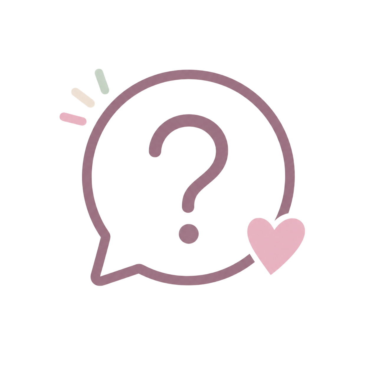 Pink chat bubble with a question mark and a heart accent on a white background