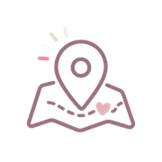 Pink location pin over folded hands with a small heart, suggesting support or care