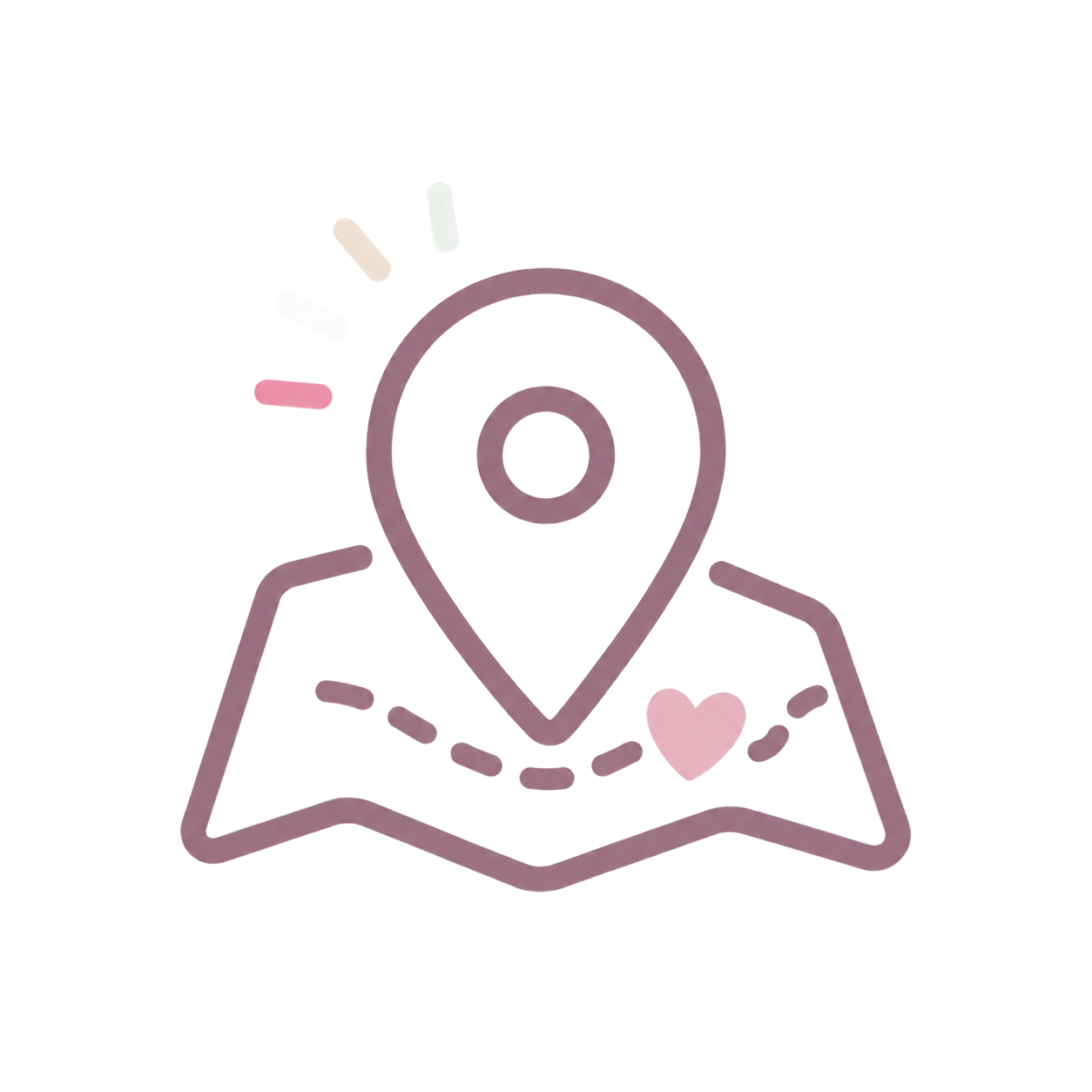 Pink location pin over folded hands with a small heart, suggesting support or care