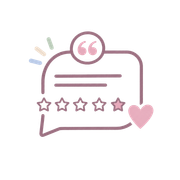 Stylized pink review icon with quote bubble, stars, and heart on white background