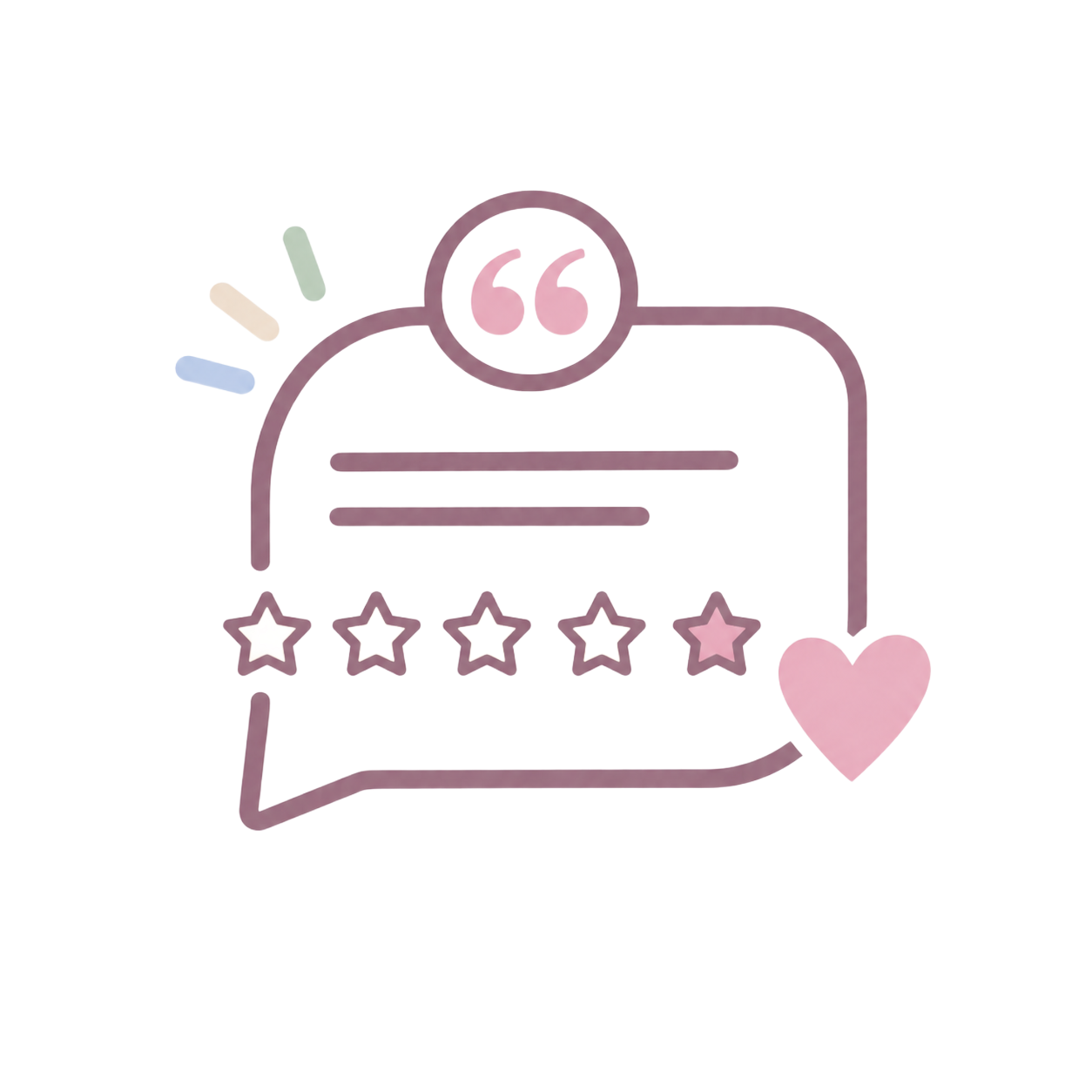 Stylized pink review icon with quote bubble, stars, and heart on white background